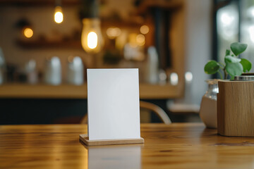 Blank card in wooden holder on a wooden table with blurred cafe background. Mockup template for menu or sign display. Shallow depth of field photography for design and print.