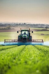 Fototapeta premium Tractor spraying fertilizer on a lush green field during sunny weather in the countryside