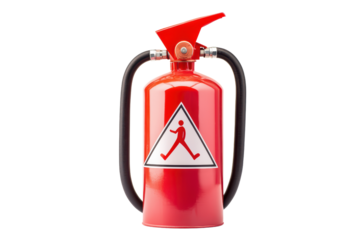 Fire extinguisher with warning symbol isolated on transparent background.