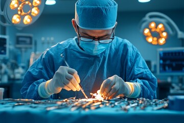 A hyper-realistic shot of a surgeon performing an operation, with vivid detail of the surgical instruments and the sterile environment