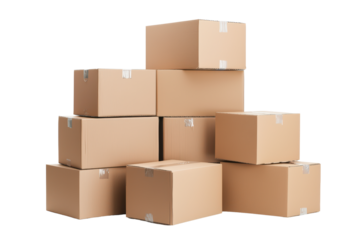 Stack of cardboard boxes isolated on transparent background.