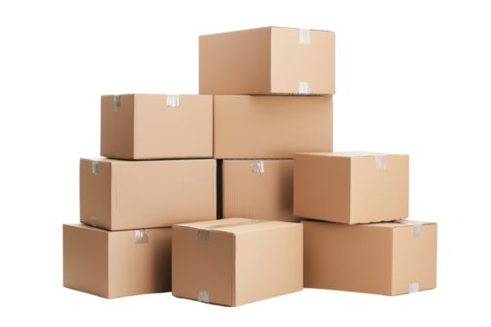 Stack of cardboard boxes isolated on transparent background.