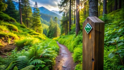 Scenic Hiking Trail Marker Surrounded by Lush Greenery in a Serene Natural Landscape Setting
