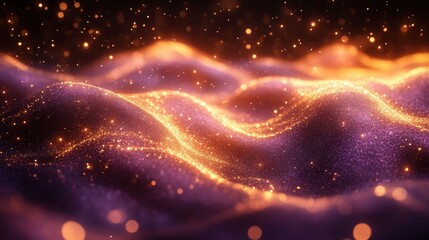 Glowing Purple And Gold Waves With Sparkling Light Particles