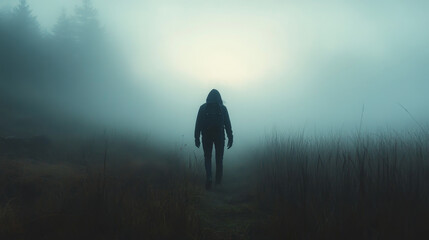 Create a scene showing a person navigating through a foggy or uncertain environment, symbolizing the challenges and unpredictability faced by those who take chances.