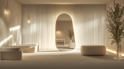 A minimalist bridal suite with a large dressing mirror, simple yet elegant seating, and soft, diffuse lighting The room is designed to provide a calm and beautiful space for preparation