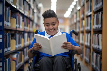 Boy in Wheelchair Reading in Library