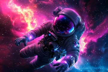 A mystical astronaut in a glowing suit, navigating a colorful galaxy where magic and technology coexist in space
