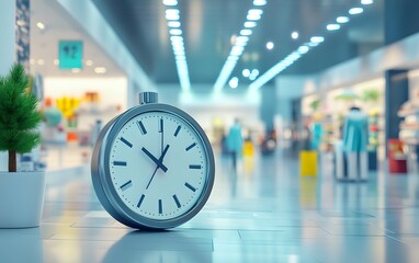 A modern clock positioned in a vibrant shopping mall, showcasing a blend of contemporary design and lively atmosphere.
