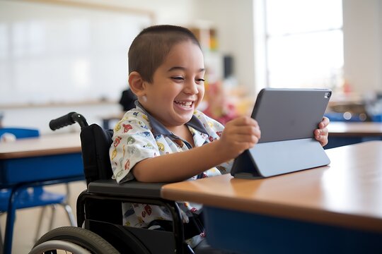 Boy in wheelchair using a tablet in a classroom