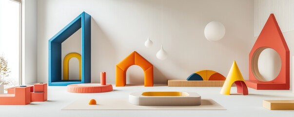 A minimalist children's play area with primary color accents against white backgrounds, geometric play structures that double as decor, and soft, safe flooring that encourages playful exploration