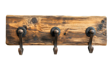 a wooden coat rack with hooks. 