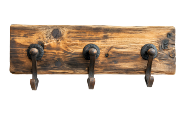 a wooden coat rack with hooks. 