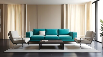 A modern living room featuring a turquoise couch and matching chairs, creating a vibrant and inviting atmosphere.
