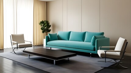 A modern living room featuring a turquoise couch and matching chairs, creating a vibrant and inviting atmosphere.
