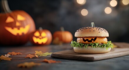 Illuminated jack-o'-lantern glows amidst autumn leaves in a forest setting at night