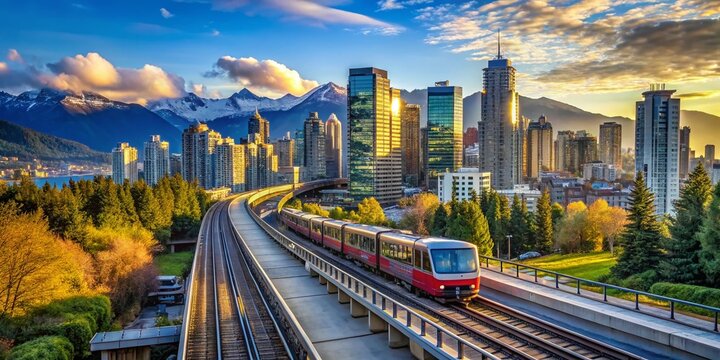 Scenic view of a skytrain traveling through the vibrant cityscape of Vancouver, British Columbia