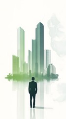 A person in business attire stands before an illustration of green buildings and cityscape, symbolizing the impact on urban life through sustainable building practices