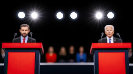 Two men engage in a debate at podiums, highlighted by stage lights, showcasing a competitive political atmosphere.