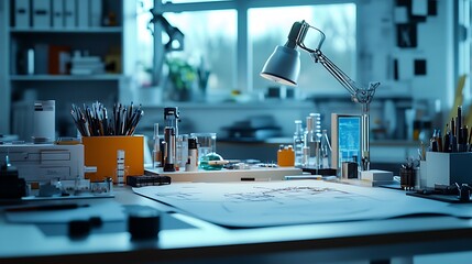 Modern minimalist workspace with desk lamp, computer monitor, drawing and office supplies
