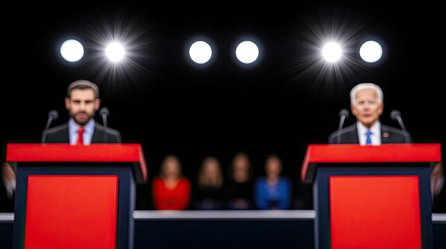 Two men engage in a debate at podiums, highlighted by stage lights, showcasing a competitive political atmosphere.
