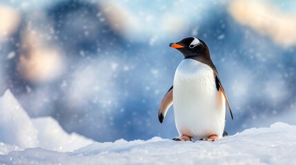 Obraz premium Gentoo penguin standing on snow-covered ground with icy backdrop in winter