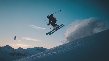 Daring Ski Jump in Snowy Mountain Landscape During Sunset