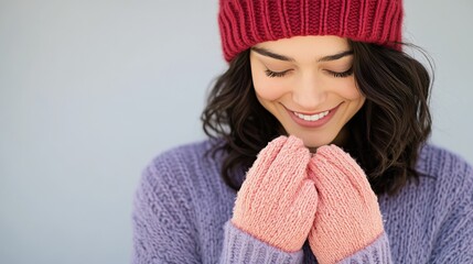 A young woman wearing a cozy sweater and hat smiles warmly while clasping her hands together