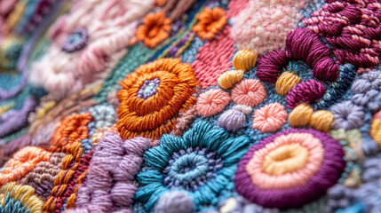 Create an image showcasing various embroidery techniques like satin stitch, French knots, and cross-stitch. Use close-up views with labels to highlight each technique's characteristics and application