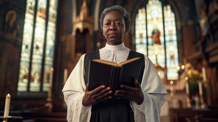 Middle Aged Nigerian Anglican Female Priest in Church Holding Bible for Religious Study and Worship Services