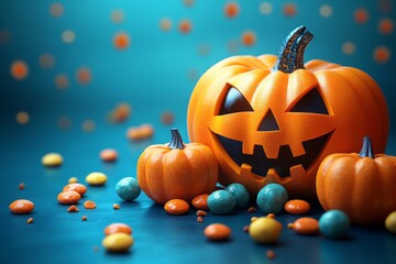 Smiling halloween pumpkin and candies in minimalist style.
