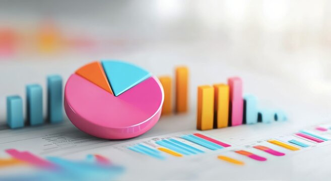Colorful pie chart and vibrant graphs laid out on a table showcasing data analysis and trends