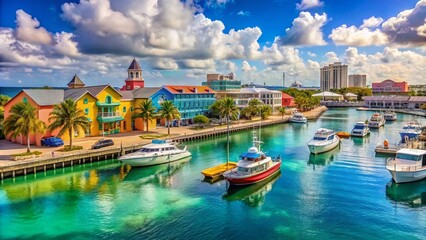 Naklejka premium Scenic View of Prince George Wharf in Nassau, Bahamas with Crystal Clear Waters and Vibrant Boats