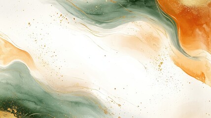 Obraz premium Fluid abstract artwork featuring swirling green, gold, and warm orange tones created on a textured background