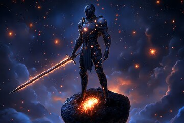 Fototapeta premium A cosmic knight standing on a floating asteroid, their armor adorned with glowing stars, and their sword forged from the heart of a dying sun
