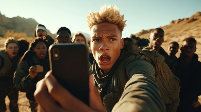 A diverse group of young adults enthusiastically pose for a selfie in the desert under a bright blue sky, showcasing their thrill during an adventurous outing