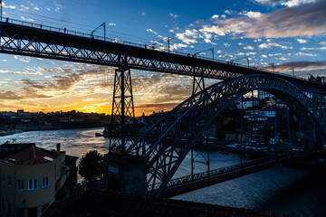 Gorgeous sunset over the Lu&iacute;s I Bridge, Porto