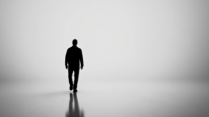 A lone person dressed in dark clothing walks away in a vast, empty space with a smooth reflective surface, evoking feelings of solitude and contemplation in a minimalist environment