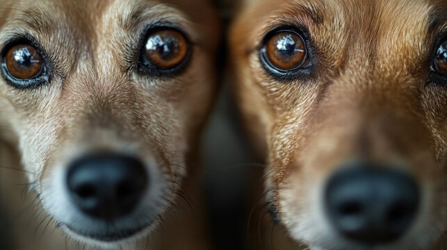 These two dogs display a deep curiosity as they look directly into the camera. Their expressive eyes reflect emotion and intelligence, showcasing their alertness and unique features