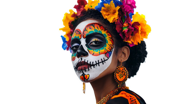 Girl with Dia de Muertos facepaint isolated on a transparent background, PNG 