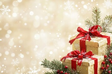 Festive Holiday Gift Boxes and Pine Decorations with Snowflakes
