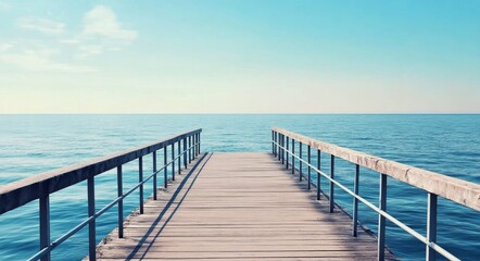 Fototapeta premium Quiet wooden pier overlooking tranquil blue ocean under clear sky during daytime