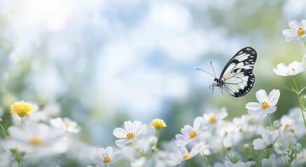 A butterfly gracefully flits among delicate white flowers in a sunlit meadow during spring