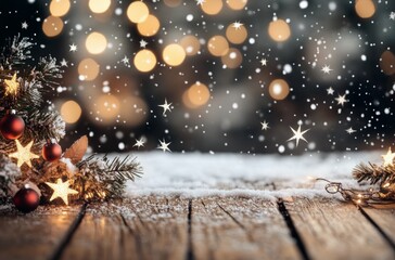 Winter holiday decorations featuring pine branches, ornaments, and snow on wooden surface