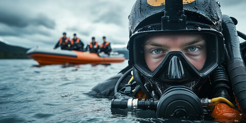 Rettungstaucher mit Team im Hintergrund während eines Einsatzes