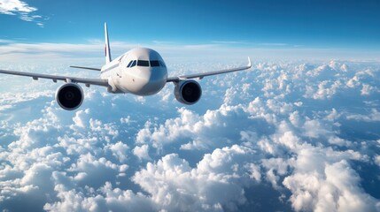 A commercial airplane soars through the sky, surrounded by pristine white clouds under a bright blue atmosphere, showcasing the beauty of air travel