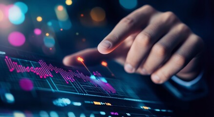 Business professional interacting with digital data visualization in modern office setting