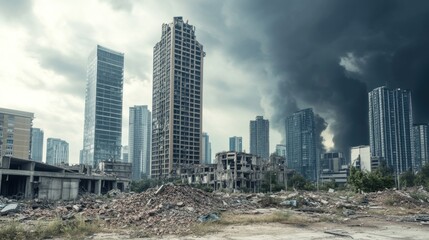 Obraz premium A deserted cityscape features crumbling structures and debris, while dark smoke billows from the skyline, creating an ominous atmosphere of destruction and neglect