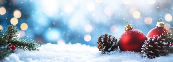 Fototapeta premium Red Christmas Baubles and Pine Cones on Snowy Background with Bokeh Lights