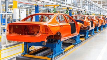 Bright orange car frames are lined up along an assembly line in a busy manufacturing facility, illustrating the dynamic process of automobile production in action